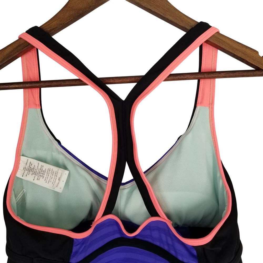Nike Womens Tankini Top Size 12 Purple Black Coral Striped Racerback Swimwear - Picture 3 of 10
